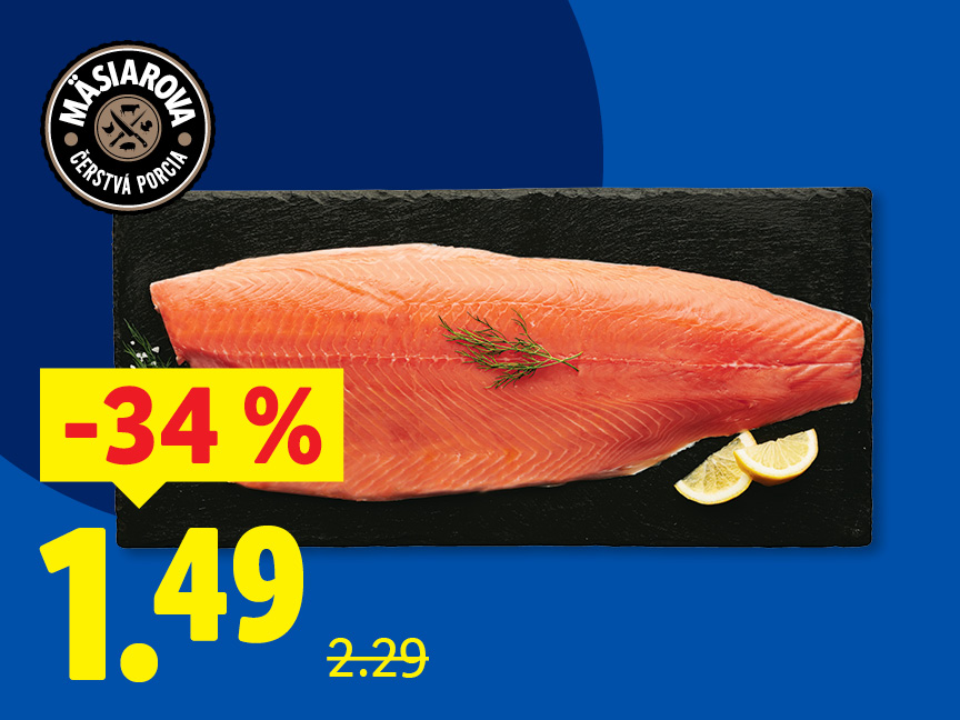 Mäsiarova čerstvá porcia lososa v akcii: -34%, cena 1,49 € (pôvodná cena 2,29 €).