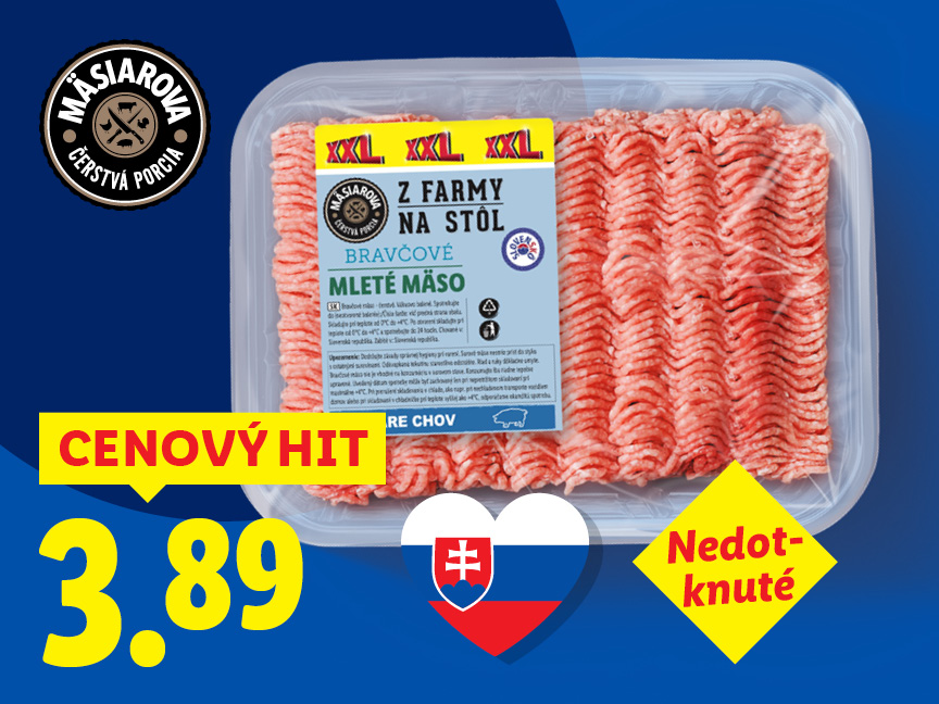 Balenie mletého bravčového mäsa s logom Masiarova a cenou 3,89 €.