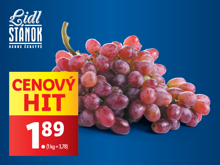 Lidl Stánok ponúka červené hrozno v akciovej cene 1,89 € za balenie.