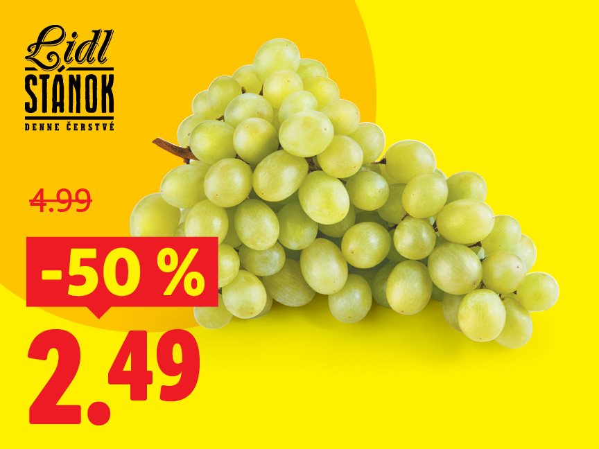 Lidl Stánok ponúka hrozno so zľavou 50%, z 4,99 € na 2,49 €.