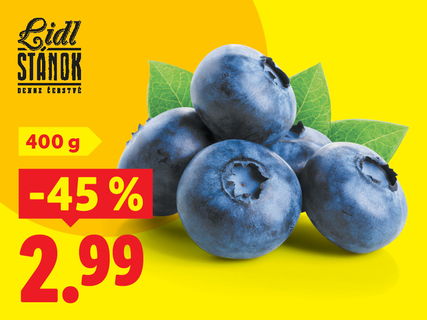 Reklama na čučoriedky Lidl Stánok, 400 g, zľava 45 %, cena 2,99.