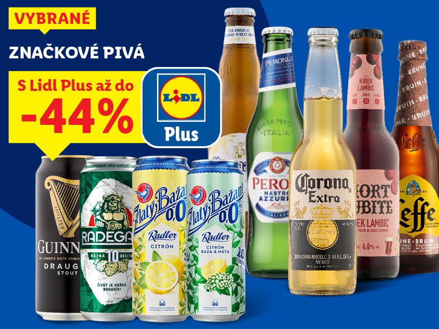Reklama na značkové pivá v Lidli s 44% zľavou pre členov Lidl Plus, vrátane Guinness, Radegast, Peroni a Corona.