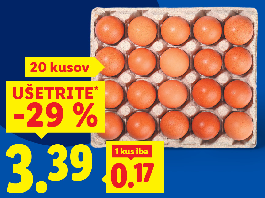 Kartón s 20 hnedými vajíčkami a žlté cenovky s nápisom „UŠETRITE* -29 %“ a „3.39“.