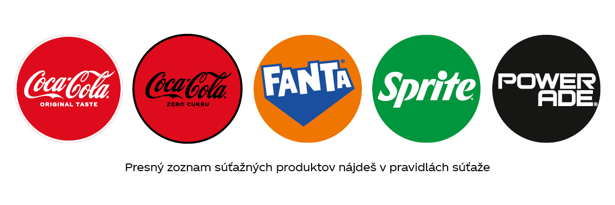 Logá nápojov Coca-Cola Original Taste, Coca-Cola Zero Cukru, Fanta, Sprite a Powerade s textom o súťažných produktoch.