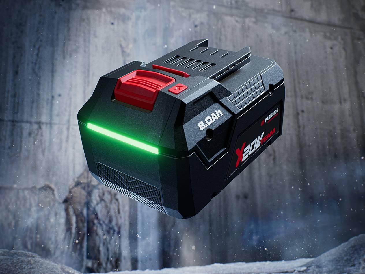 Batéria Parkside X 20V Team 8.0Ah s jasne zeleným indikátorom nabitia.