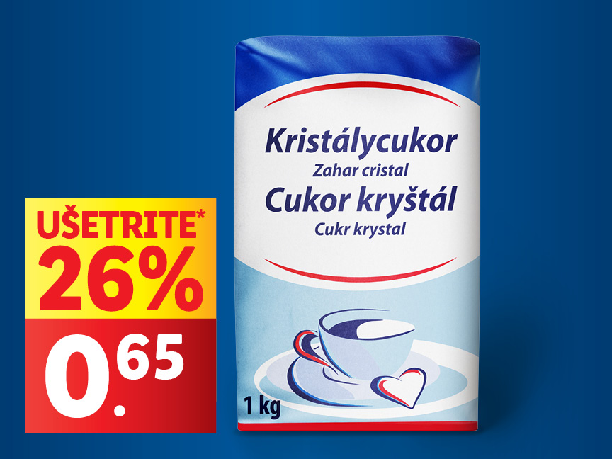 Balenie kryštálového cukru s označením 26% zľavy a cenou 0,65 €.