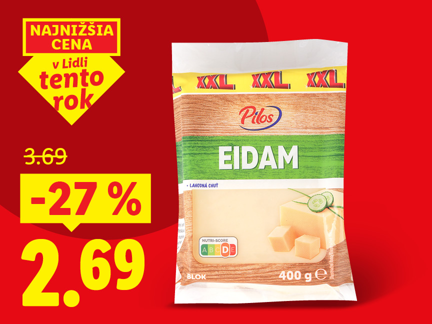 Zľavnený 400g blok eidamového syra Pilos v Lidli za 2,69€.
