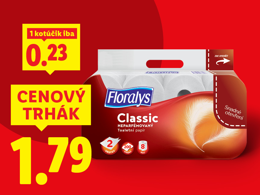 Akciová ponuka toaletného papiera Floralys Classic za 1,79 €.