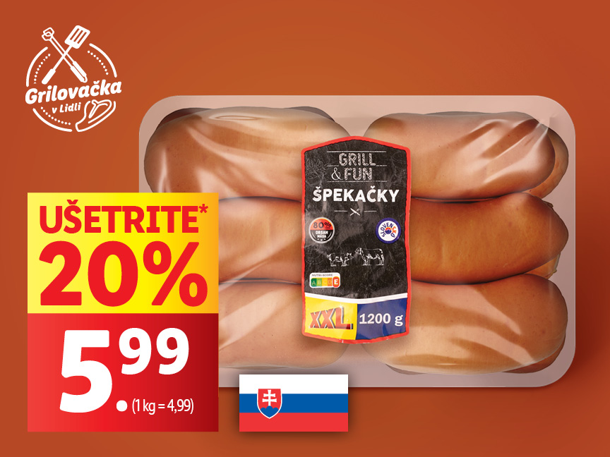 Špekačky Grill & Fun XXL (1200g) v Lidli, zľava 20%, cena 5,99€.