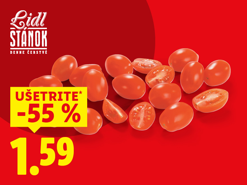 Lidl Stánok ponúka čerstvé paradajky s 55% zľavou za 1,59€.