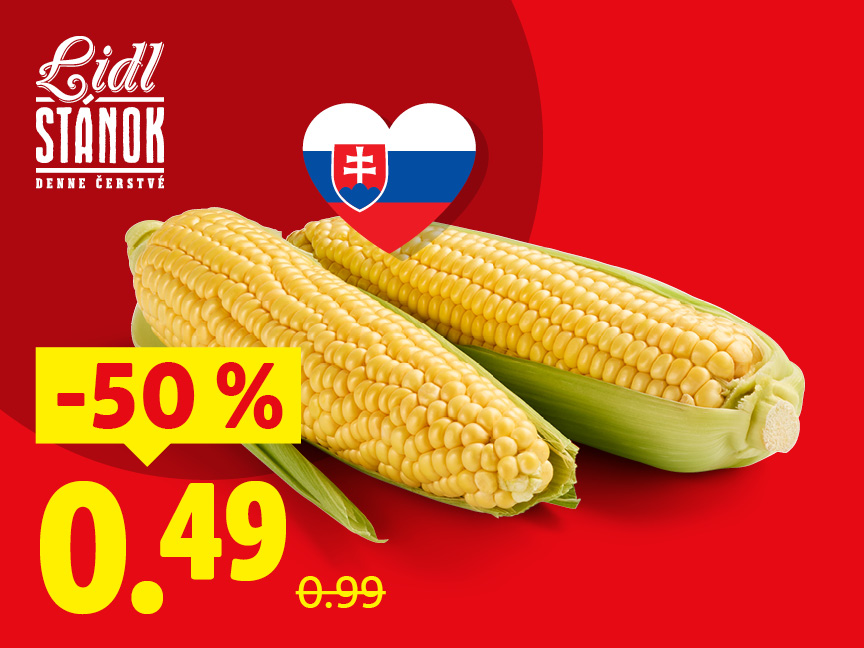 Lidl Stánok ponúka čerstvú kukuricu so zľavou 50%, za 0,49€.
