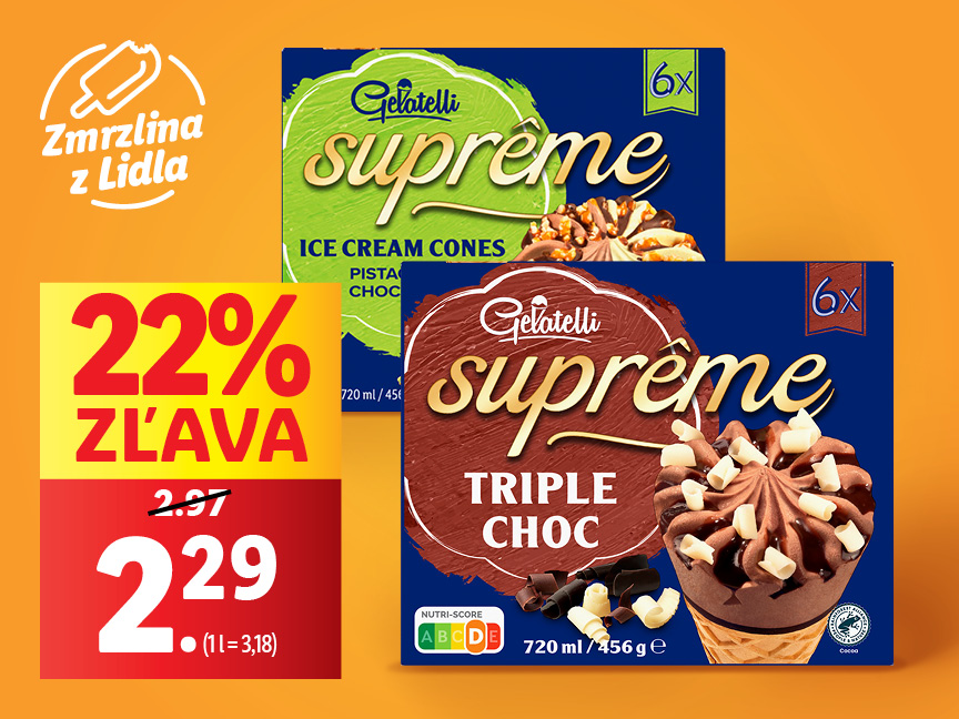 Zľava 22% na zmrzlinové kornútky Gelatelli Supreme v Lidli.