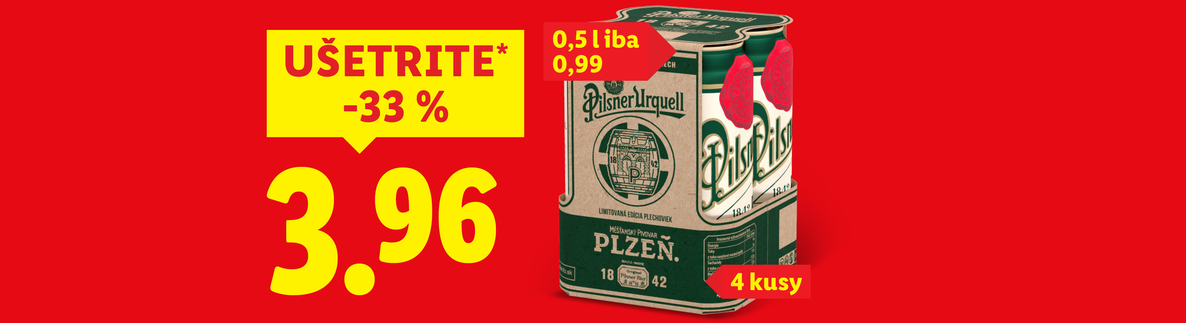 Pilsner Urquell pivo v balení 4 plechoviek s cenou a zľavou.
