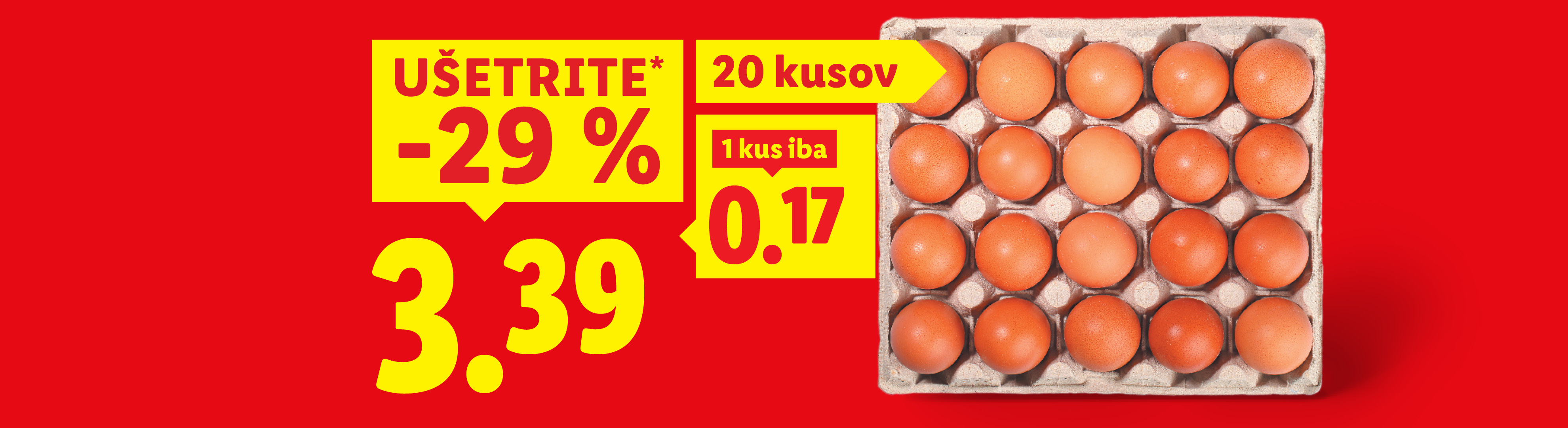 Kartón s 20 hnedými vajíčkami na červenom pozadí s cenovkou.