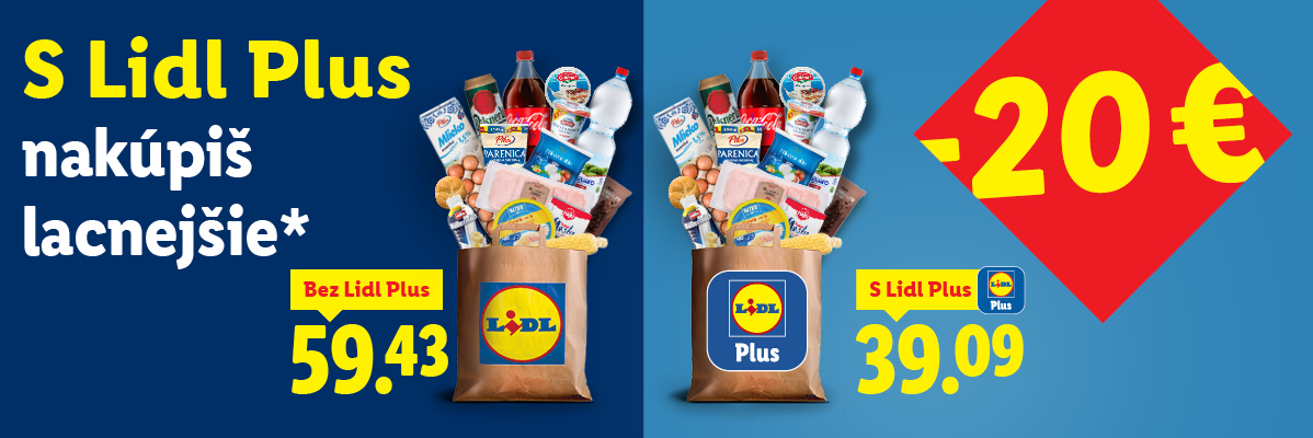 Porovnanie cien nákupu s Lidl Plus a bez neho, s nákupnými taškami plnými potravín.