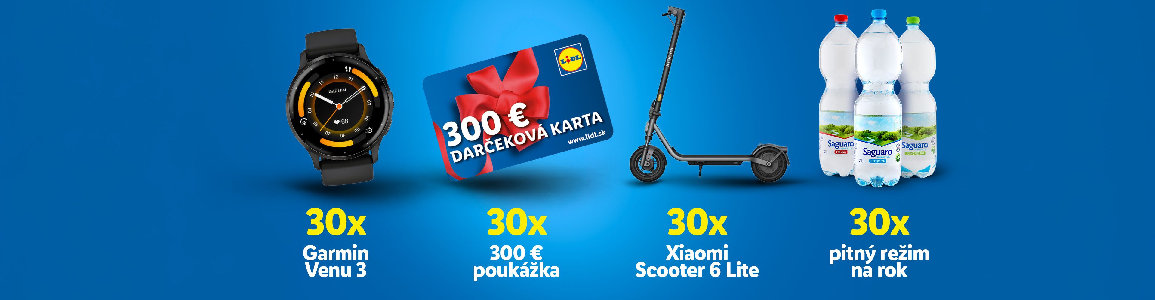 Chytré hodinky, darčeková karta, kolobežka a fľaše s vodou s textom 30x.
