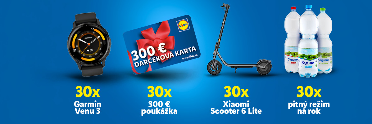 Chytré hodinky, darčeková karta, kolobežka a fľaše s vodou s textom 30x.