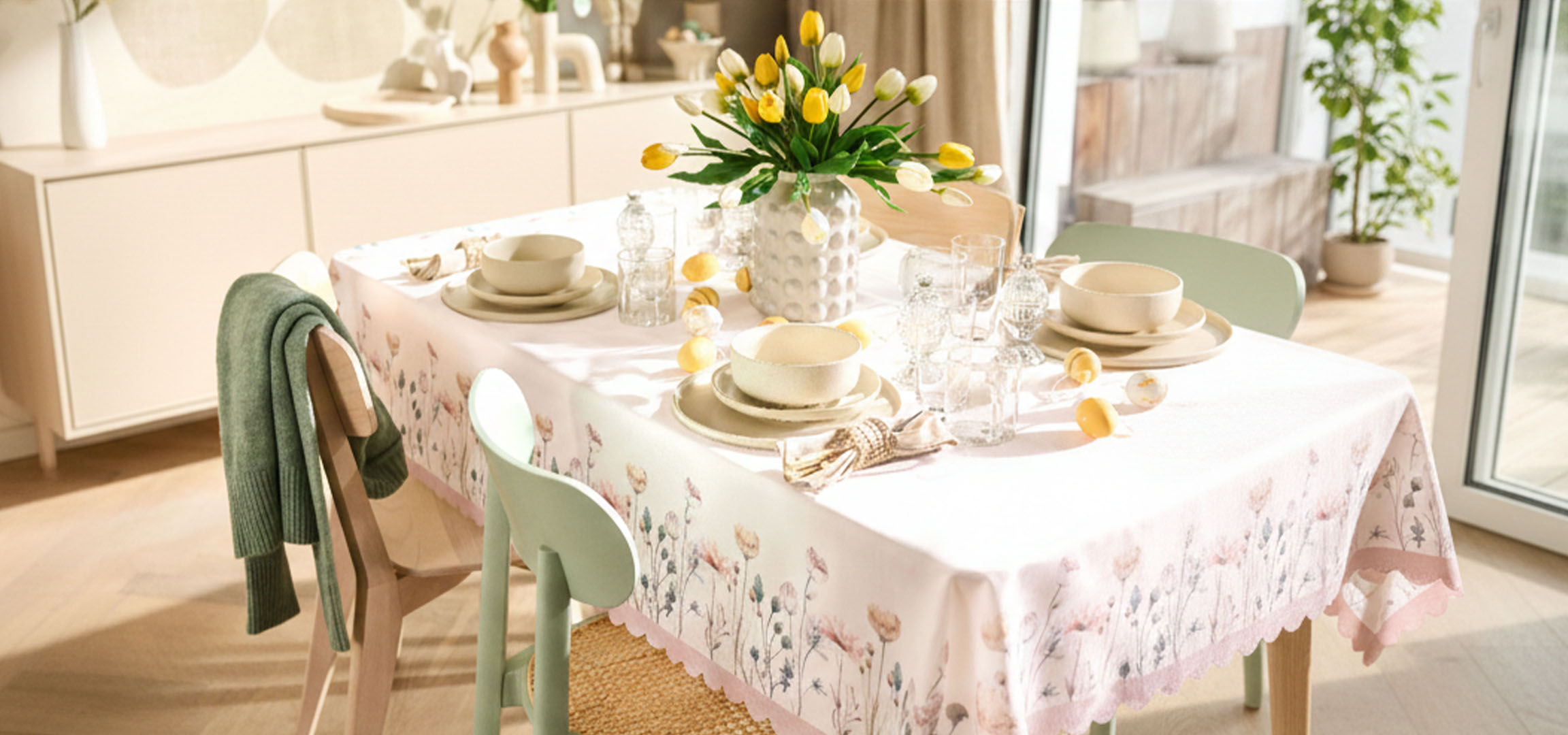 Veľkonočný jedálenský stôl so žltými a bielymi tulipánmi, elegantným riadom a dekoratívnymi vajíčkami.