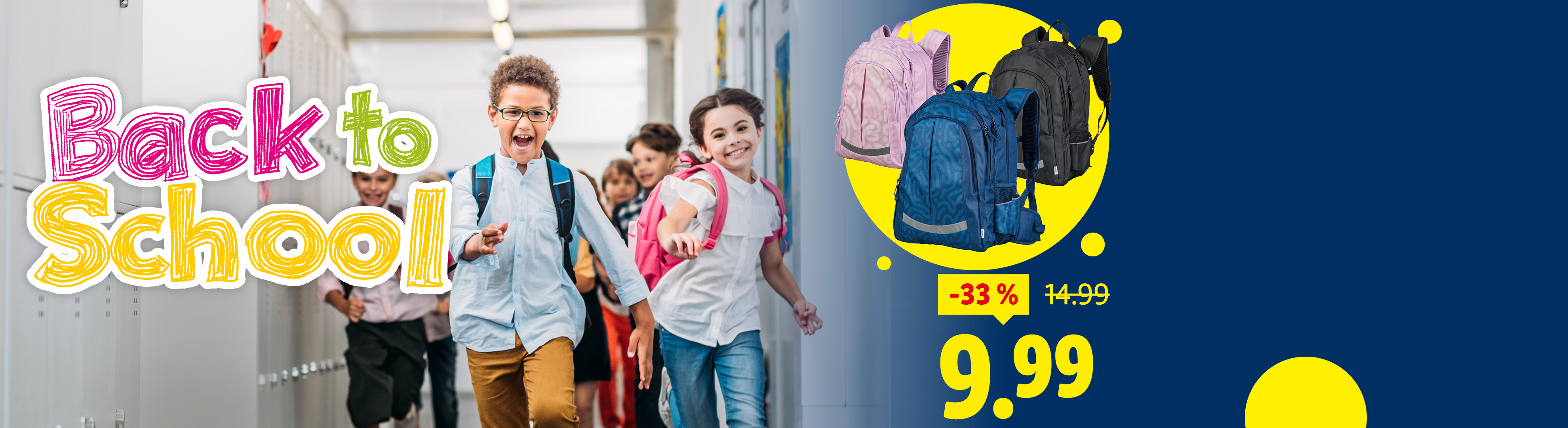 Reklama „Späť do školy“ s batohmi a cenou 9,99 €.