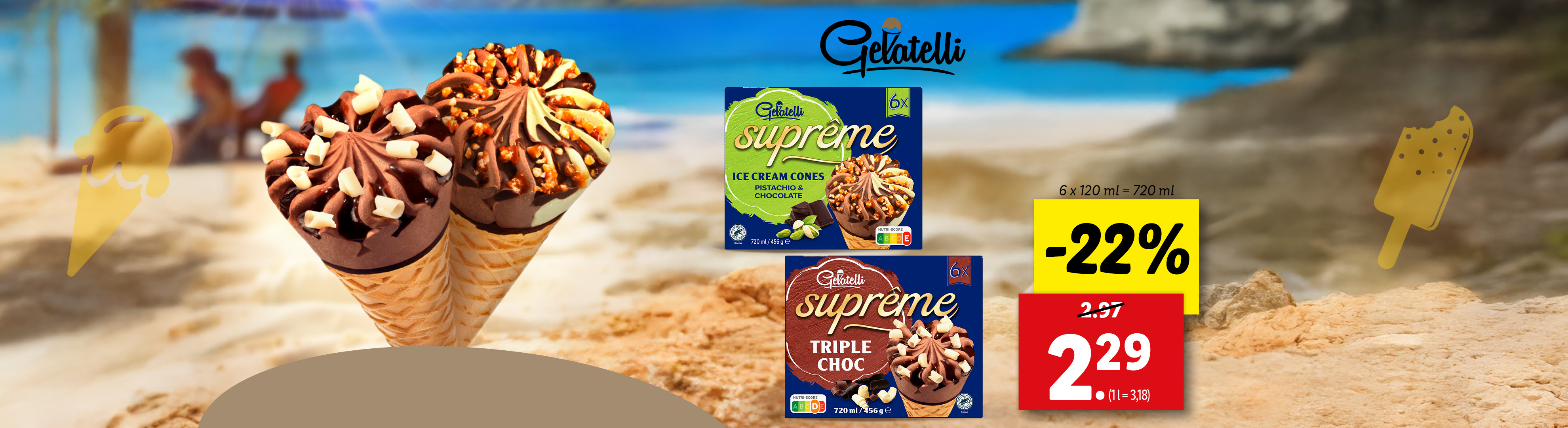 Zľava 22% na zmrzlinové kornútky Gelatelli Supreme, príchute pistáciová a trojitá čokoláda.