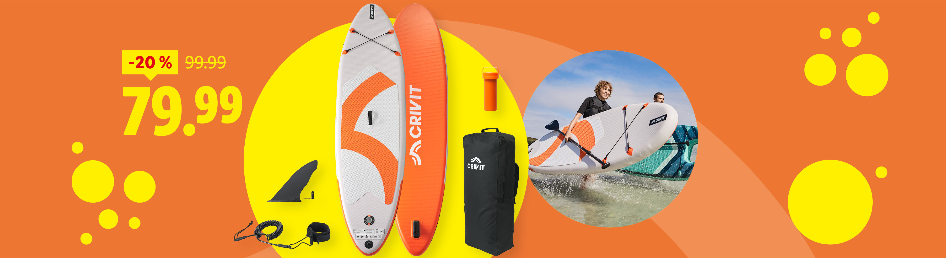 Reklama na paddleboardy Crivit s cenou 79,99 a zľavou 20 %.