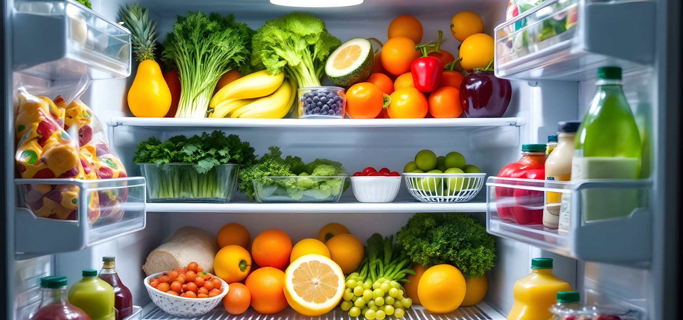 Pomaranče, zelenina a džúsy v chladničke.