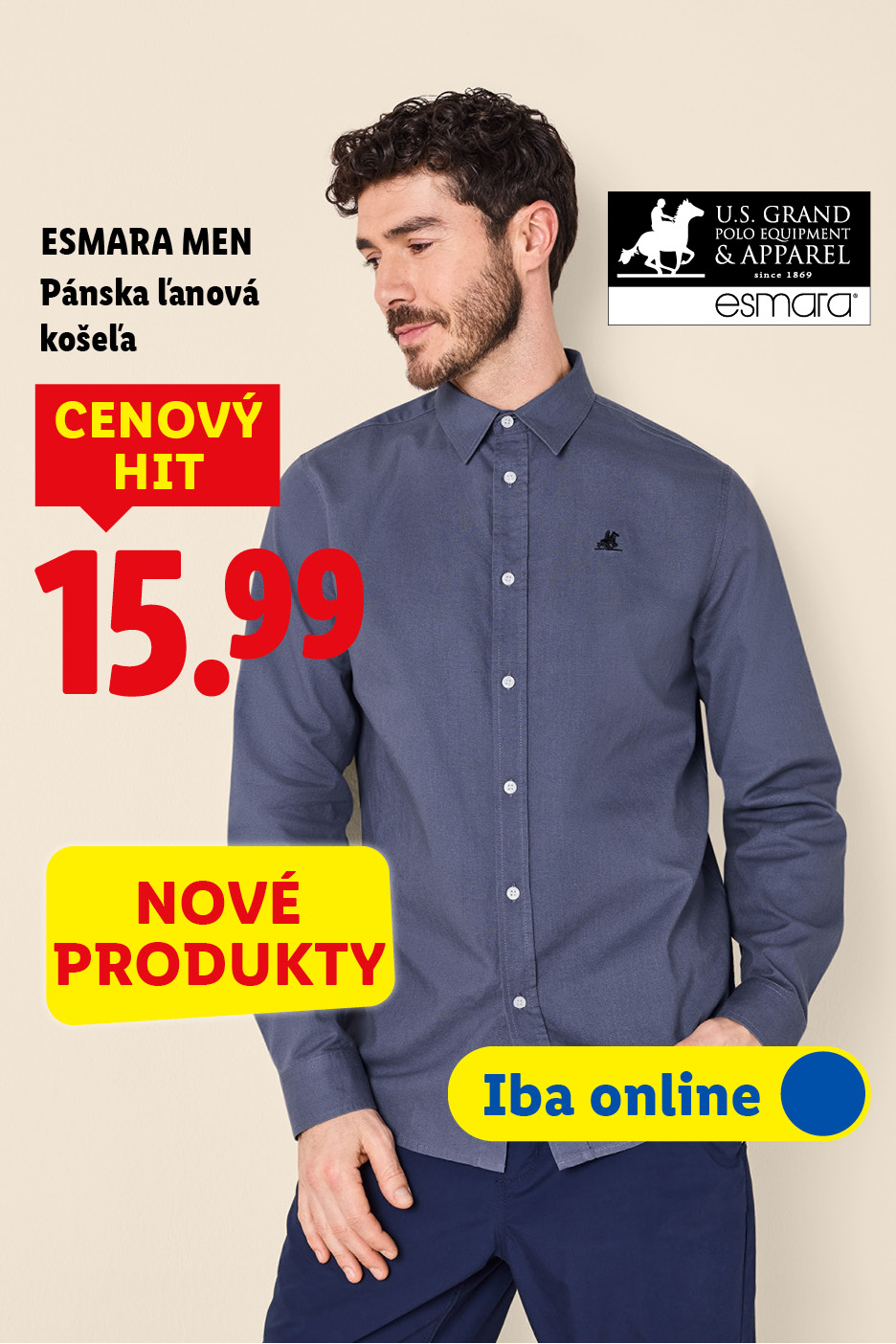 Muž v modrej ľanovej košeli, cena 15,99, nové produkty, dostupné online.