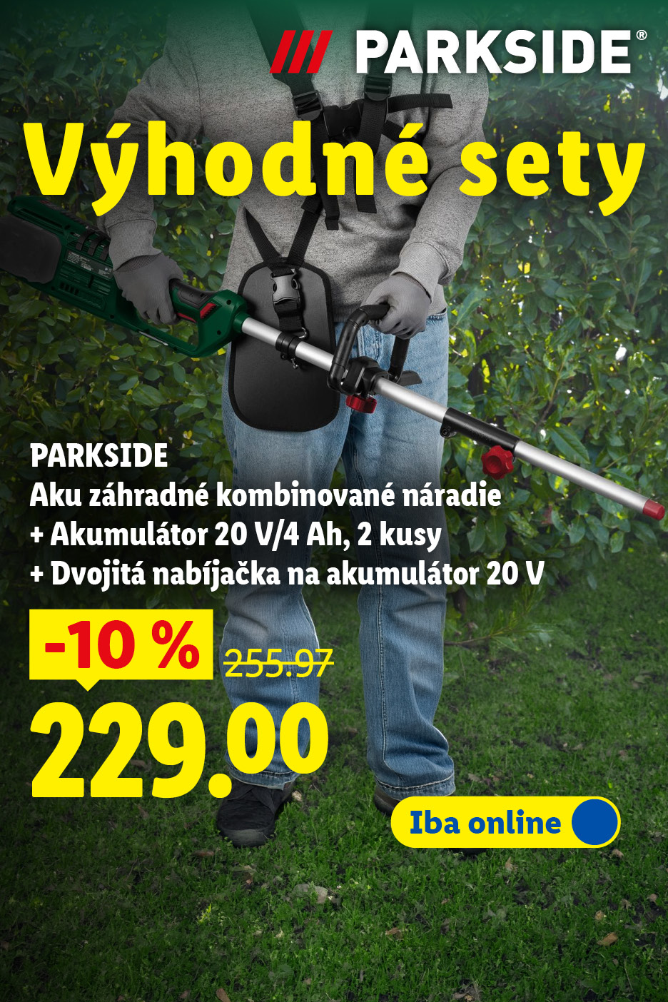 Muž s akumulátorovým záhradným náradím, zvýhodnený set s batériami a nabíjačkou, zľava 10%.