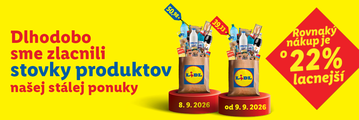 Reklamný banner s nákupnými taškami plnými potravín a informáciou o zlacnení o 22 %.