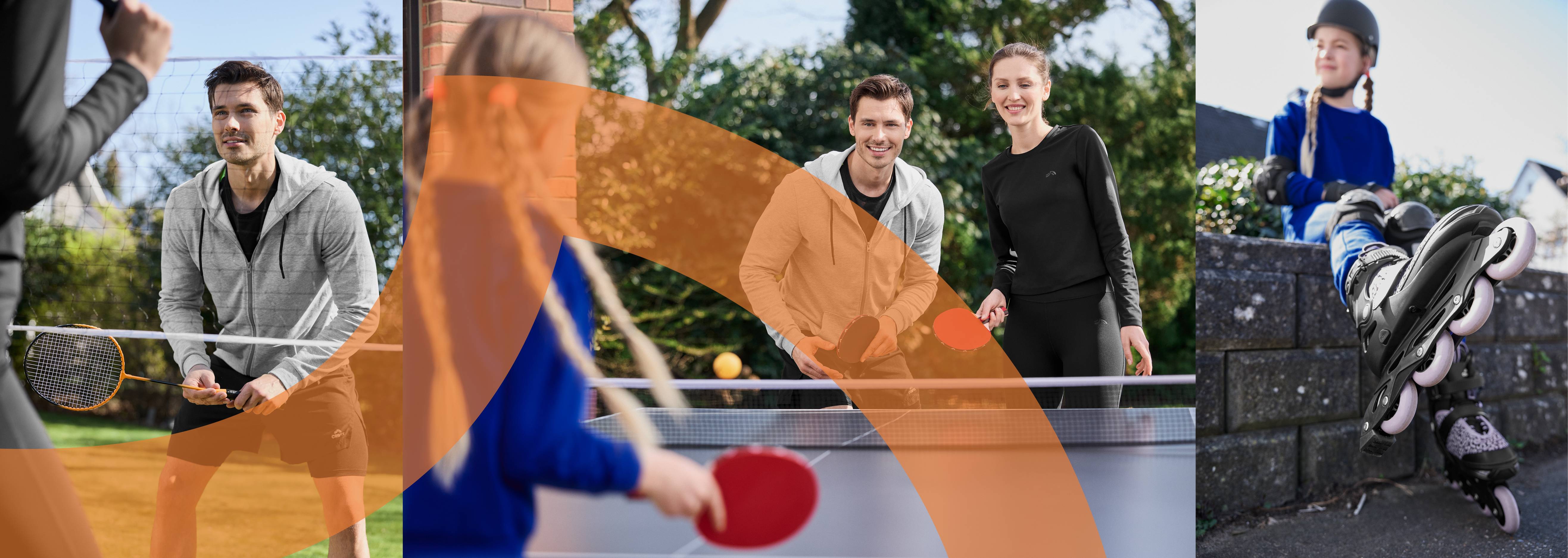 Rodinná zábava s rôznymi športmi: badminton, stolný tenis a korčuľovanie.