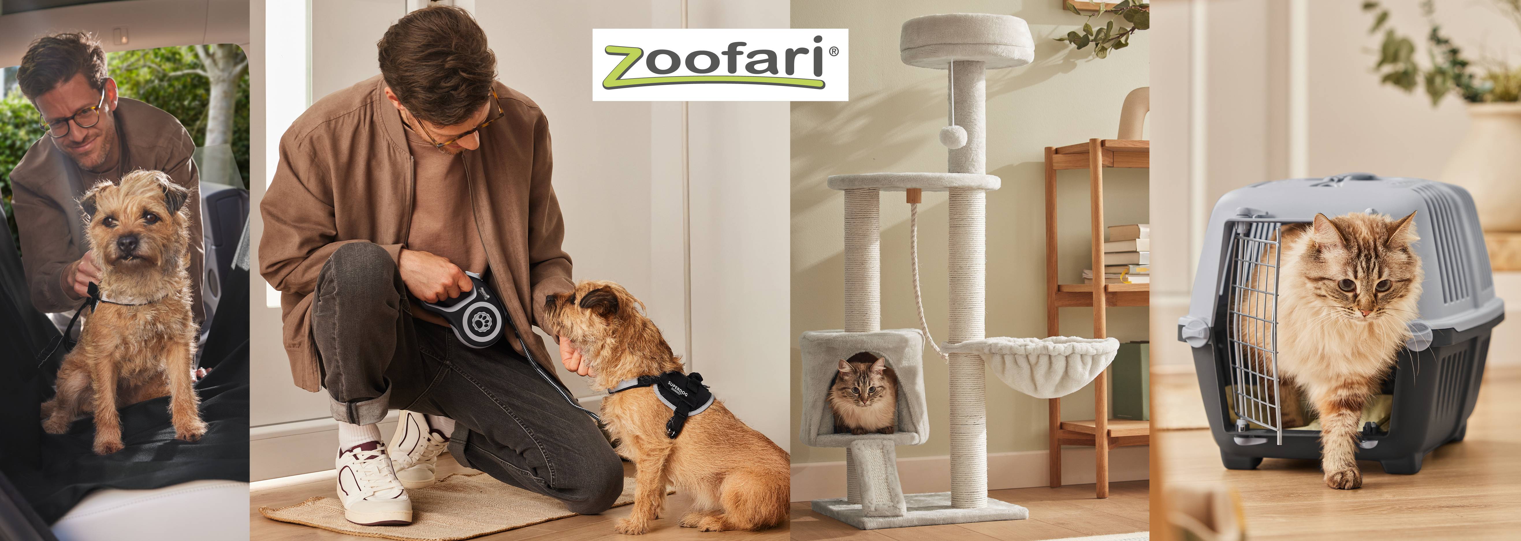 ZooFari produkty pre psov a mačky: vodítko, postroj, prepravná klietka a škrabadlo.