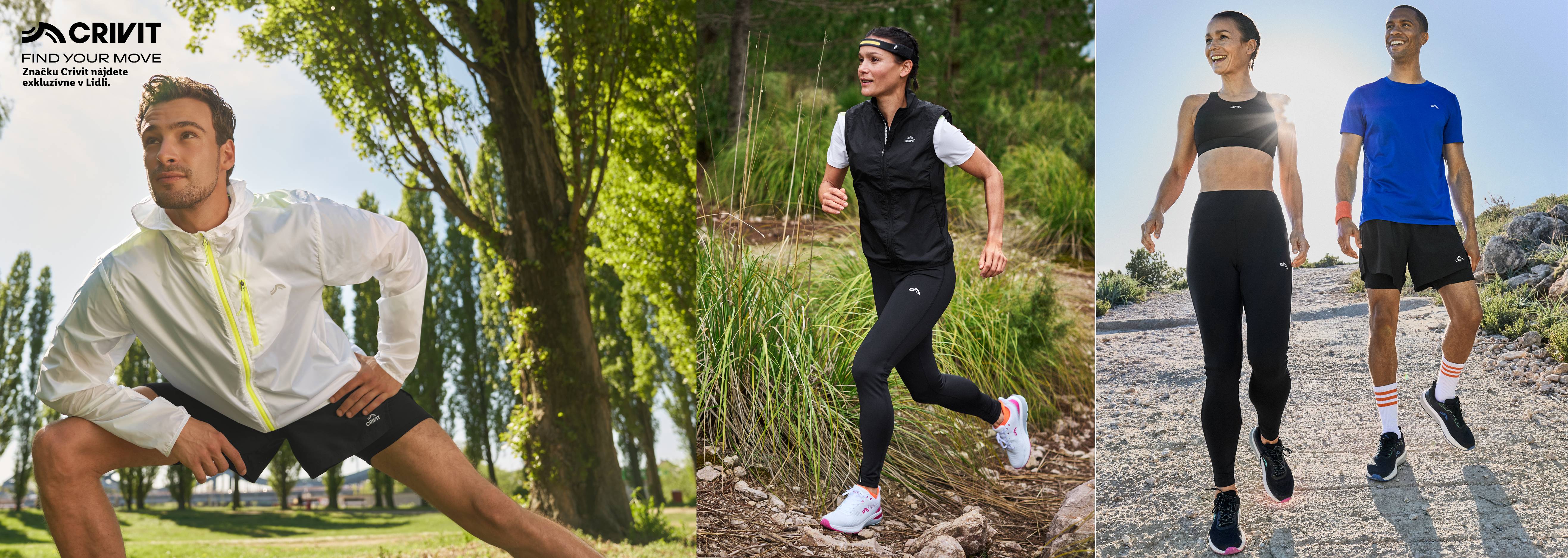 Športové oblečenie Crivit: funkčné legíny, tielka, vetrovka a šortky pre mužov a ženy.