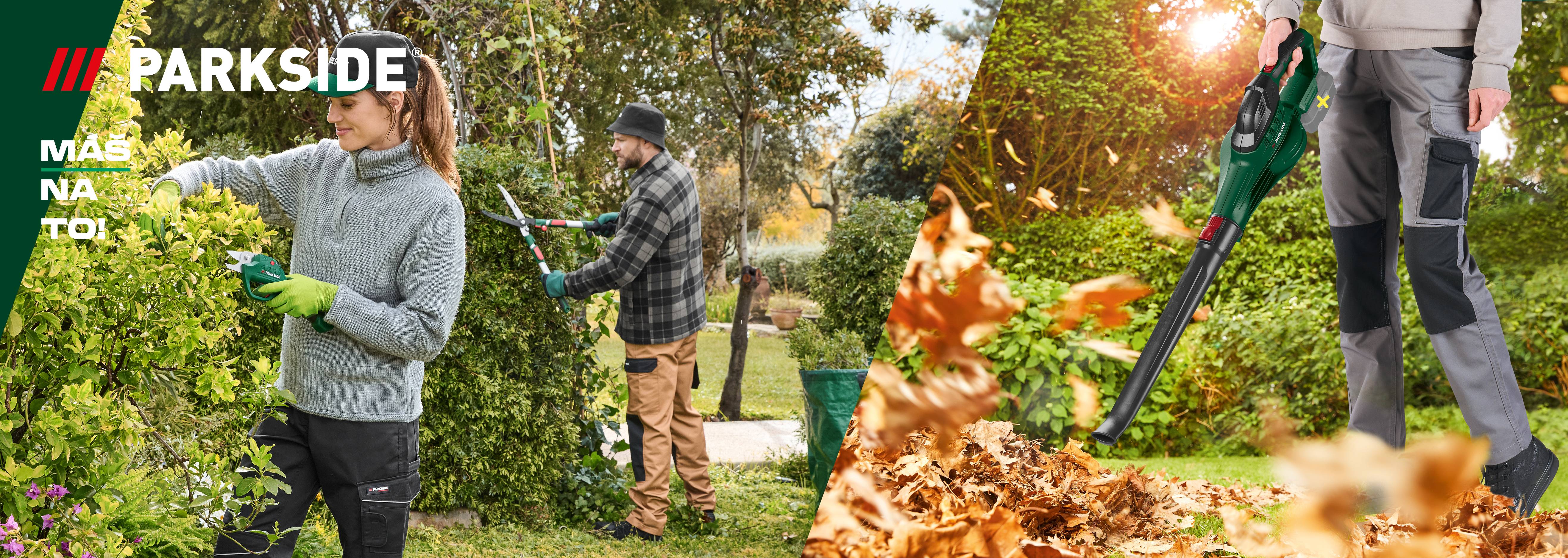 Ľudia používajúci záhradné náradie Parkside, vrátane nožníc na živý plot a fukára na lístie.