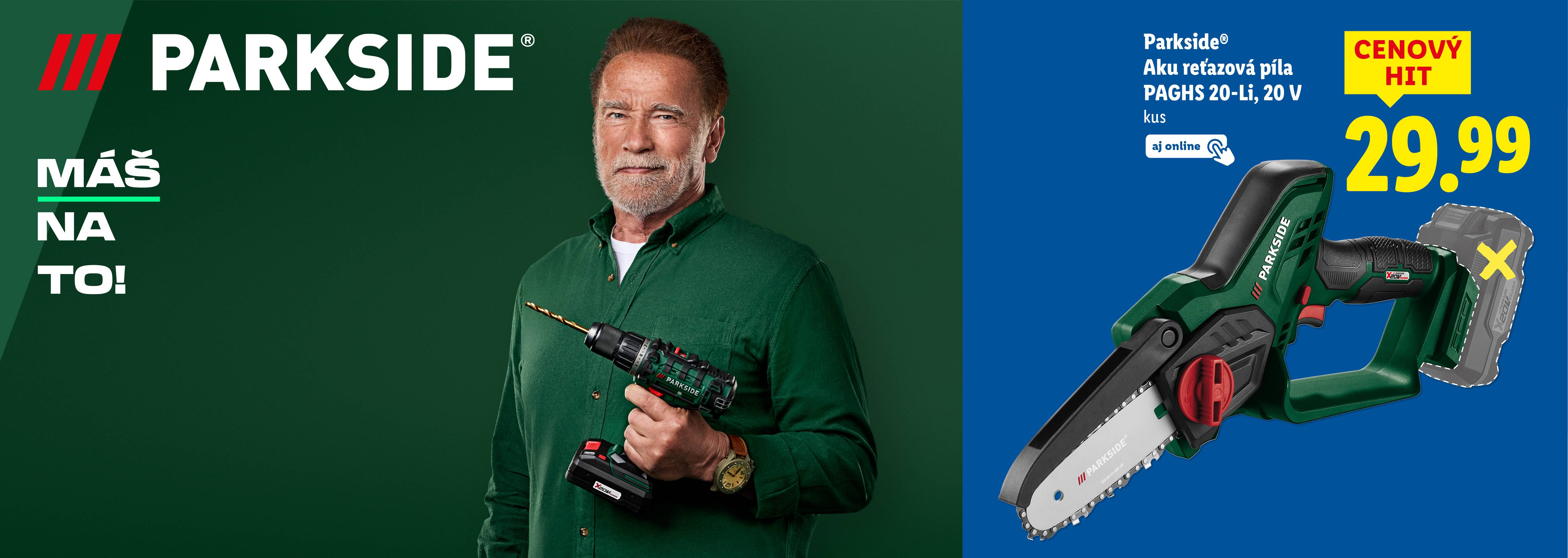 Arnold Schwarzenegger drží vŕtačku Parkside, zatiaľ čo vedľa je zobrazená reťazová píla Parkside s cenou.