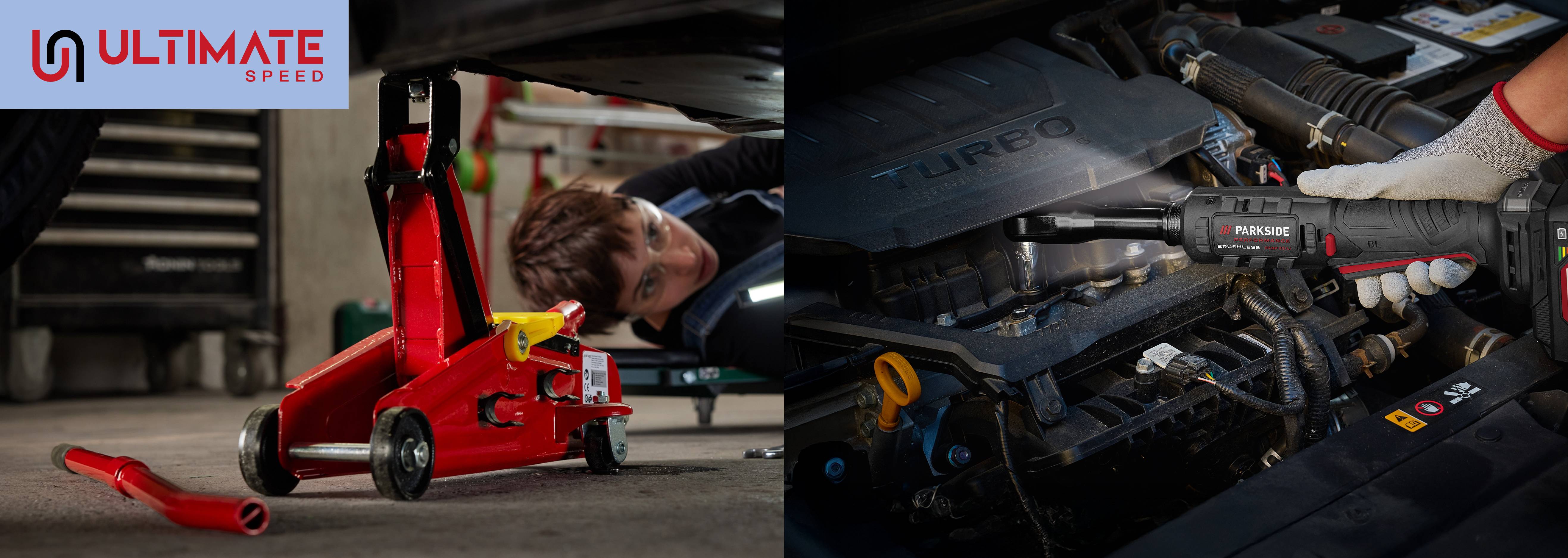 Žena pod autom s červeným zdvihákom a muž opravujúci motor s elektrickým kľúčom Parkside.