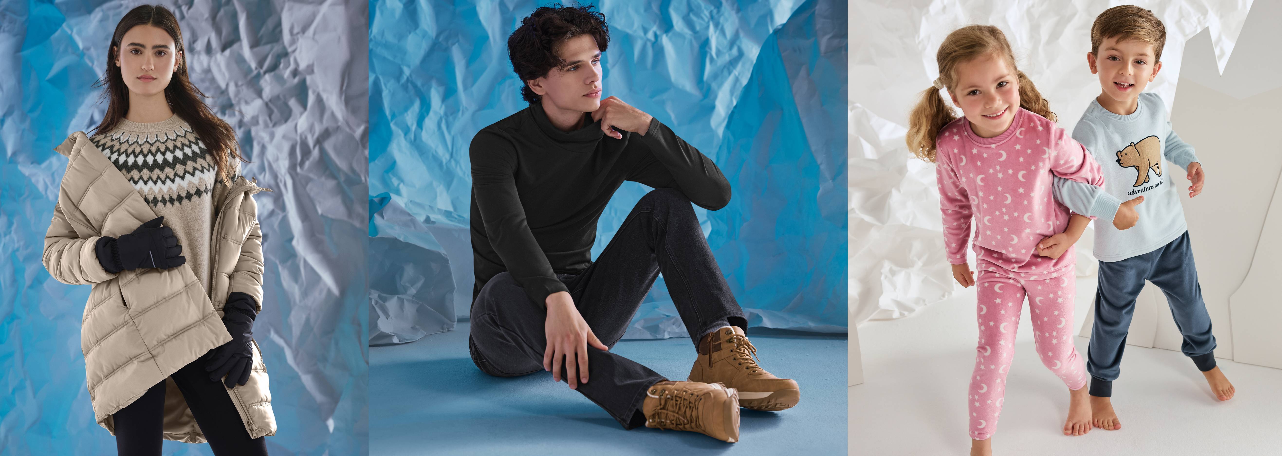 Žena v zimnom svetri a bunde, muž v čiernom roláku a dvojo detí v pyžame.