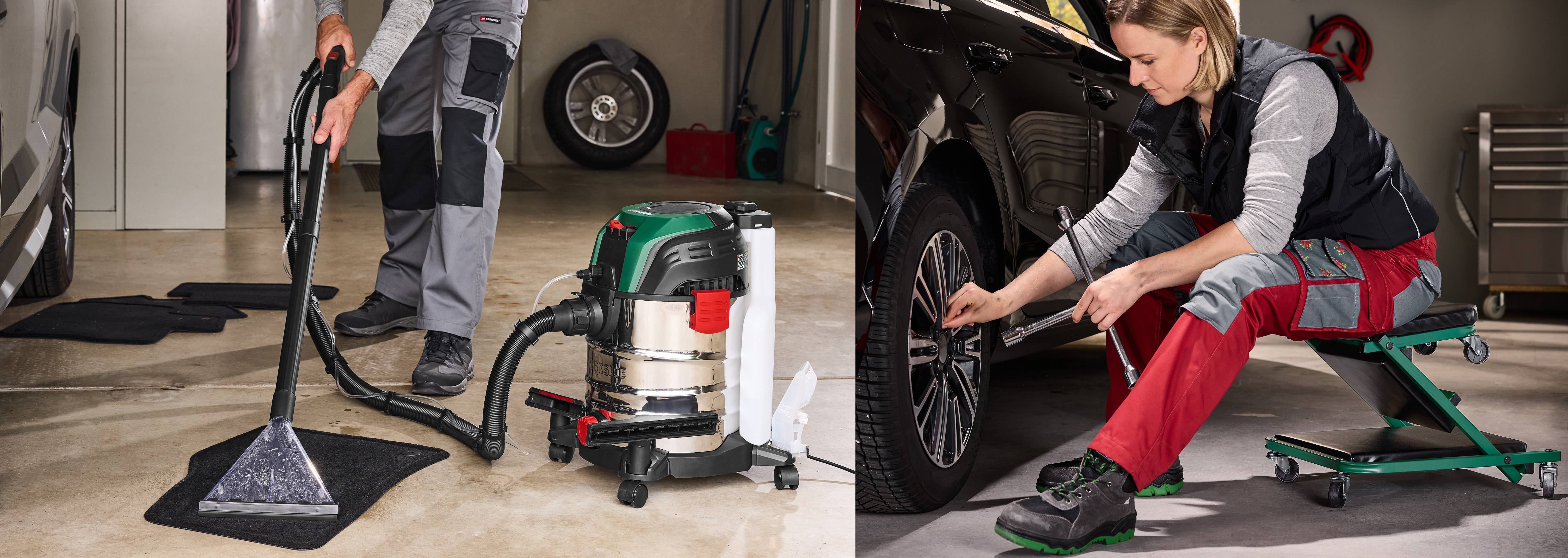 Muž čistí auto vysávačom na mokré a suché vysávanie, zatiaľ čo žena mení koleso.