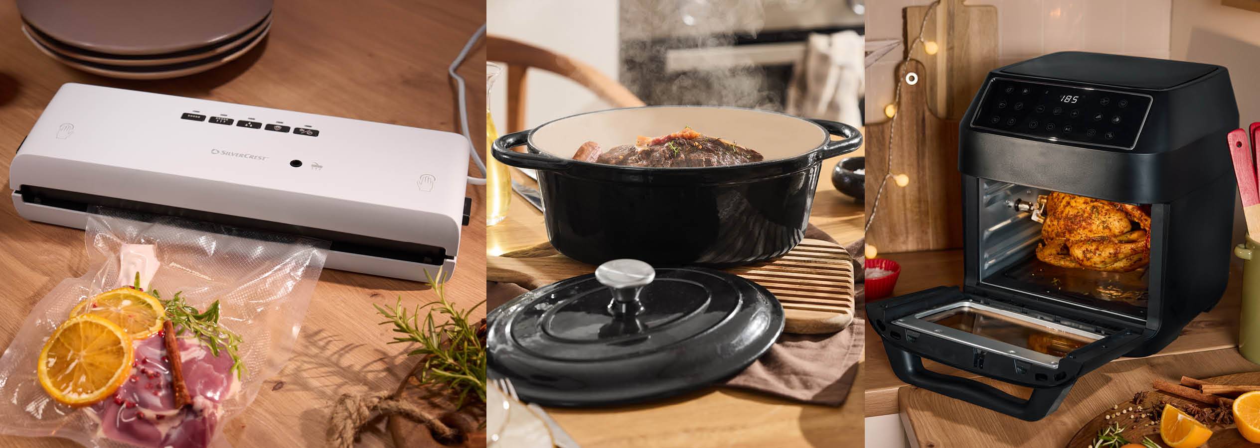 Vákuovačka Silvercrest, liatinový hrniec a teplovzdušná fritéza s kurčaťom v kuchyni.