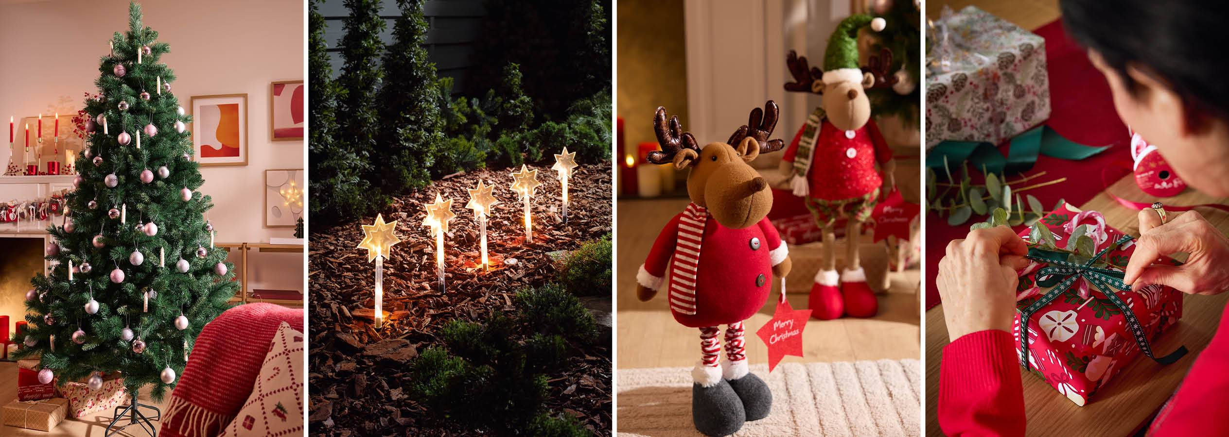 Vianočný stromček, svetelné dekorácie, plyšové soby a balenie darčekov.