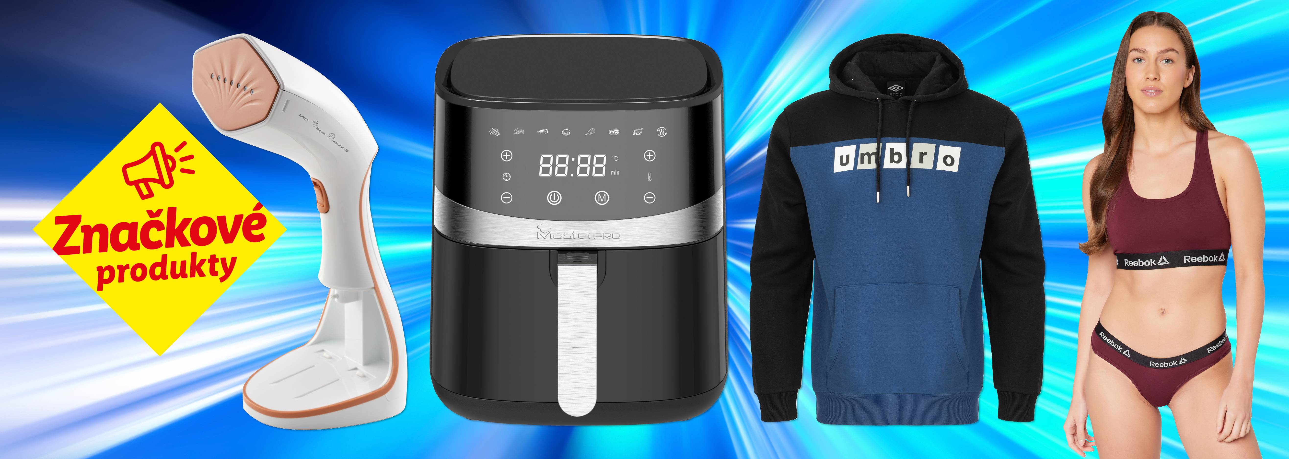 Parný naparovač, teplovzdušná fritéza Masterpro, mikina Umbro a spodná bielizeň Reebok.