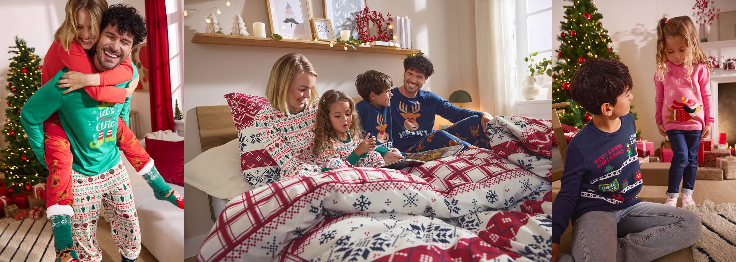 Rodiny v pyžamách a svetroch s vianočnou tematikou, vianočné dekorácie.