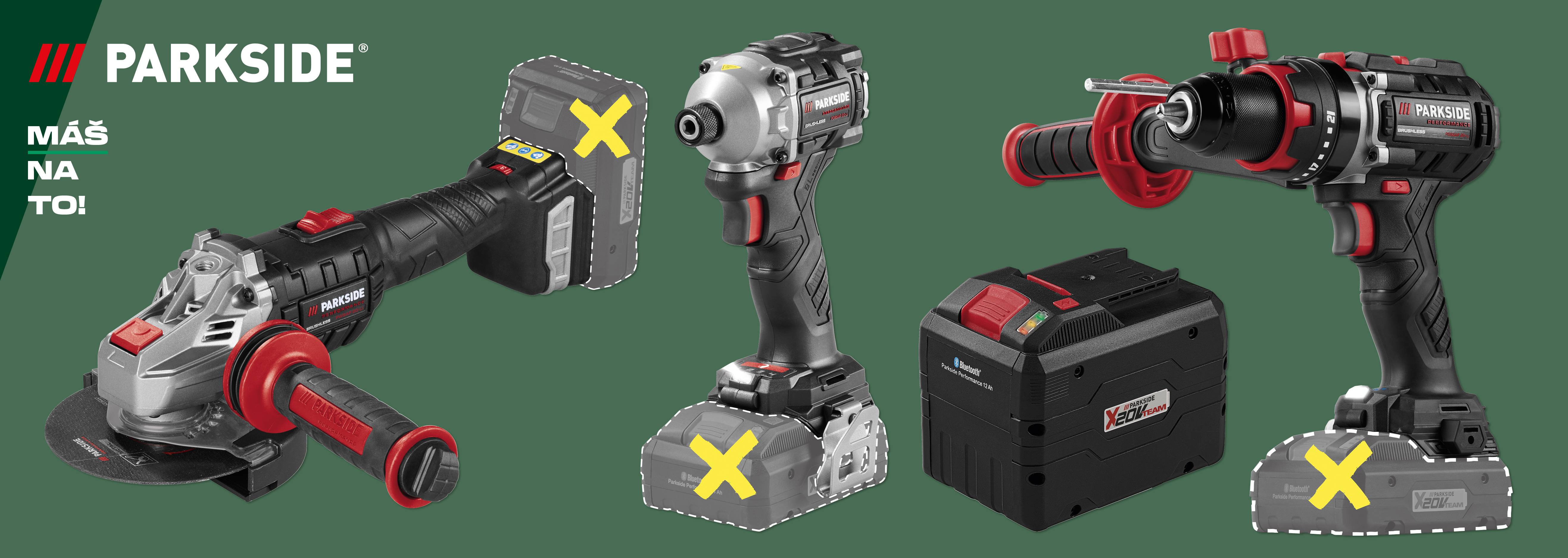 Parkside: uhlová brúska, rázový uťahovák a vŕtačka s batériami X 20 V Team.