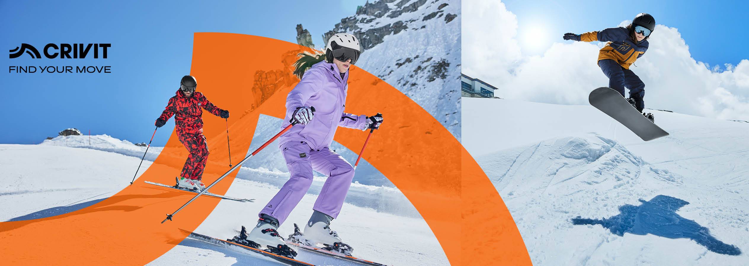 Lyžiarske a snowboardové oblečenie Crivit pre mužov a ženy na zasnežených horách.
