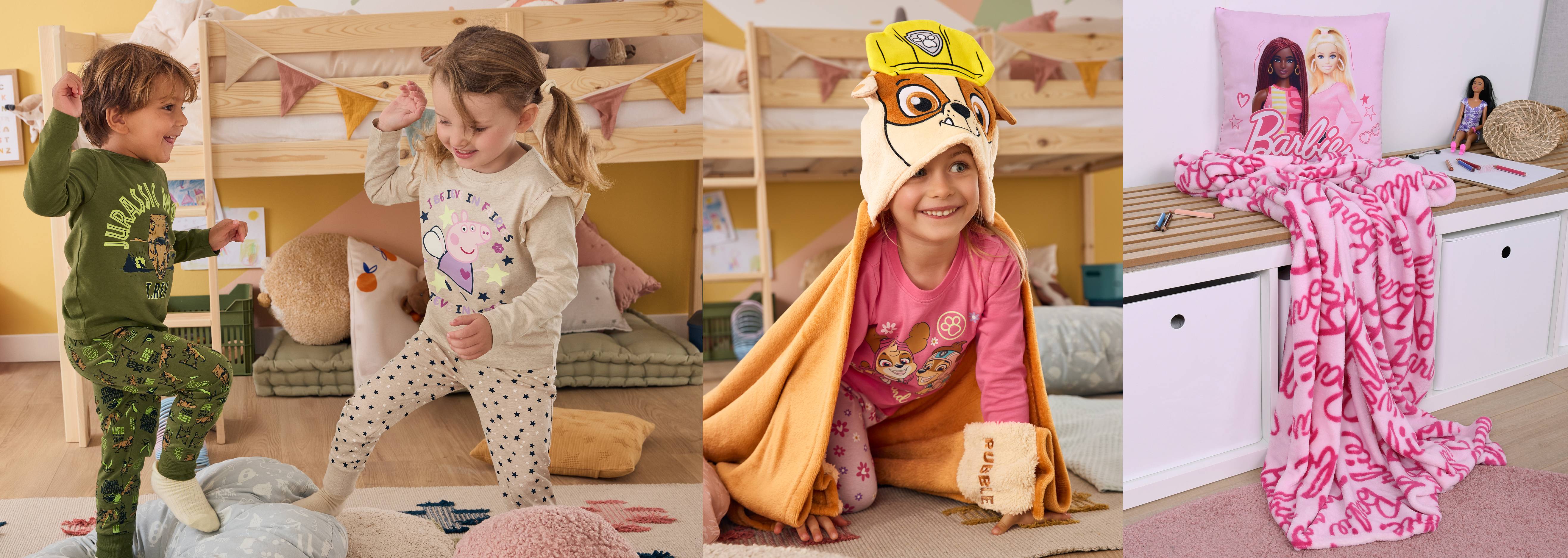 Deti v pyžamách s motívmi Jurského sveta, Peppy Pig a Paw Patrol, ružová deka a vankúš Barbie.