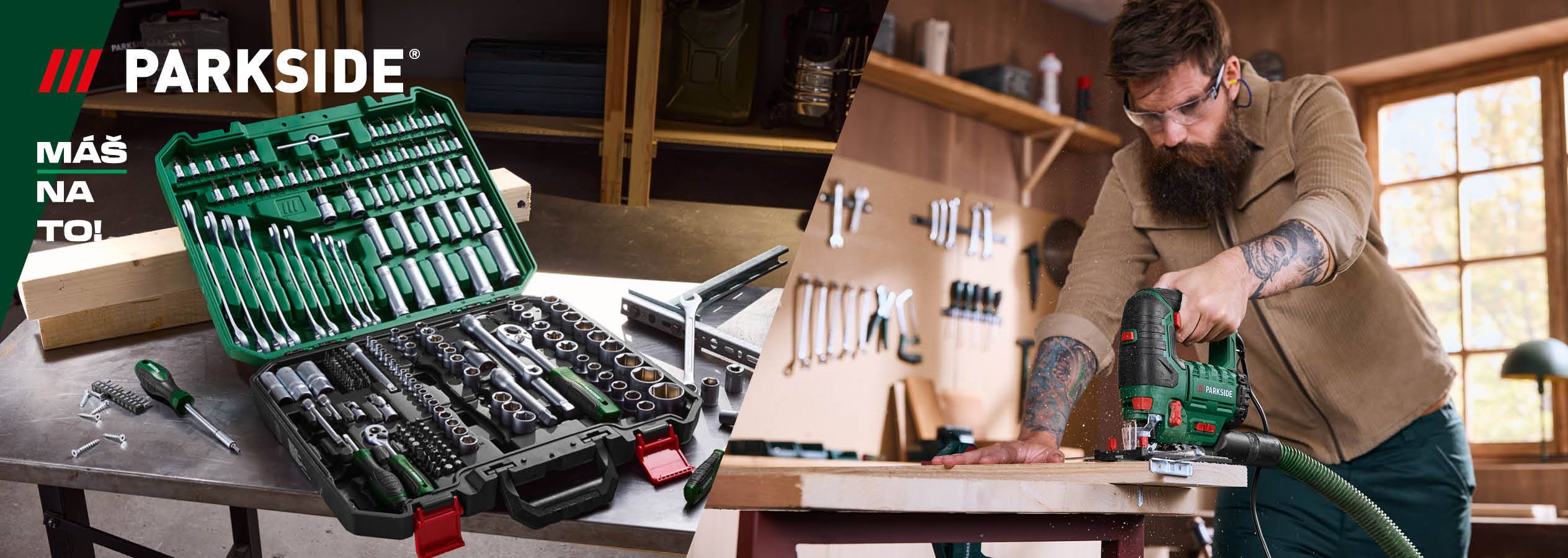 Parkside súprava náradia a muž pracujúci s priamočiarou pílou v dielni.