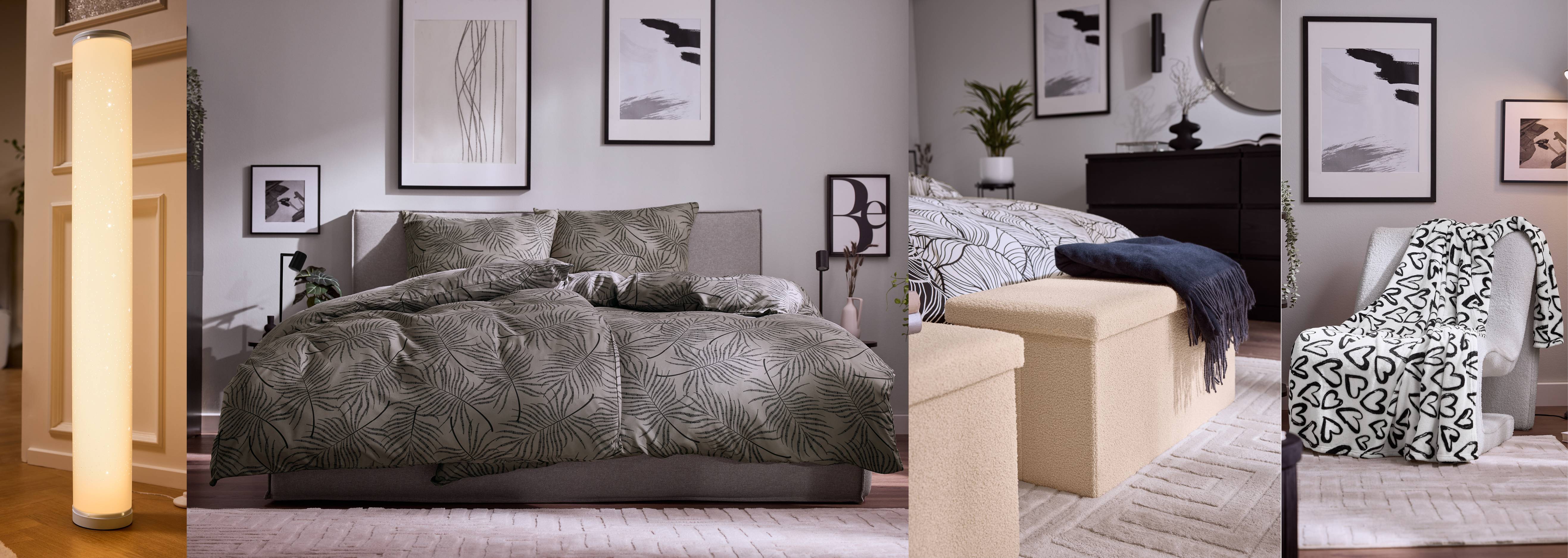 Spálňa s posteľou s posteľnou bielizňou so vzorom listov, pufmi a kreslom s dekou.