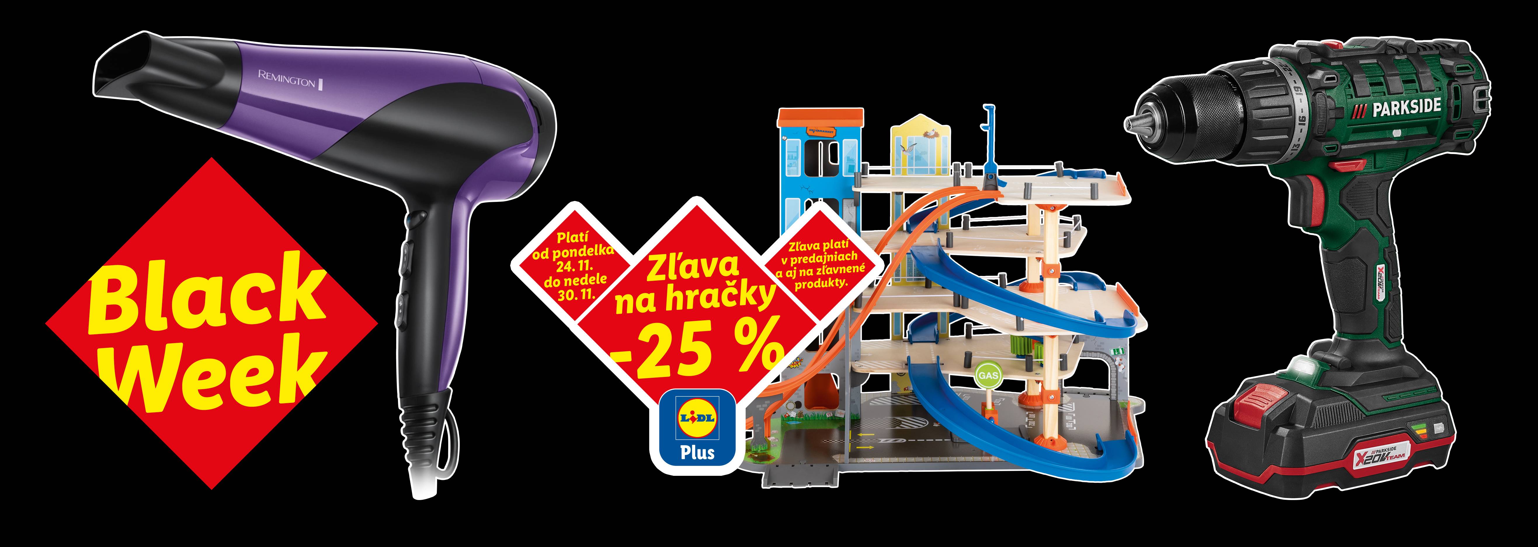 Sušič vlasov Remington, detská garáž a vŕtačka Parkside s ponukami Black Week a zľavou na hračky.