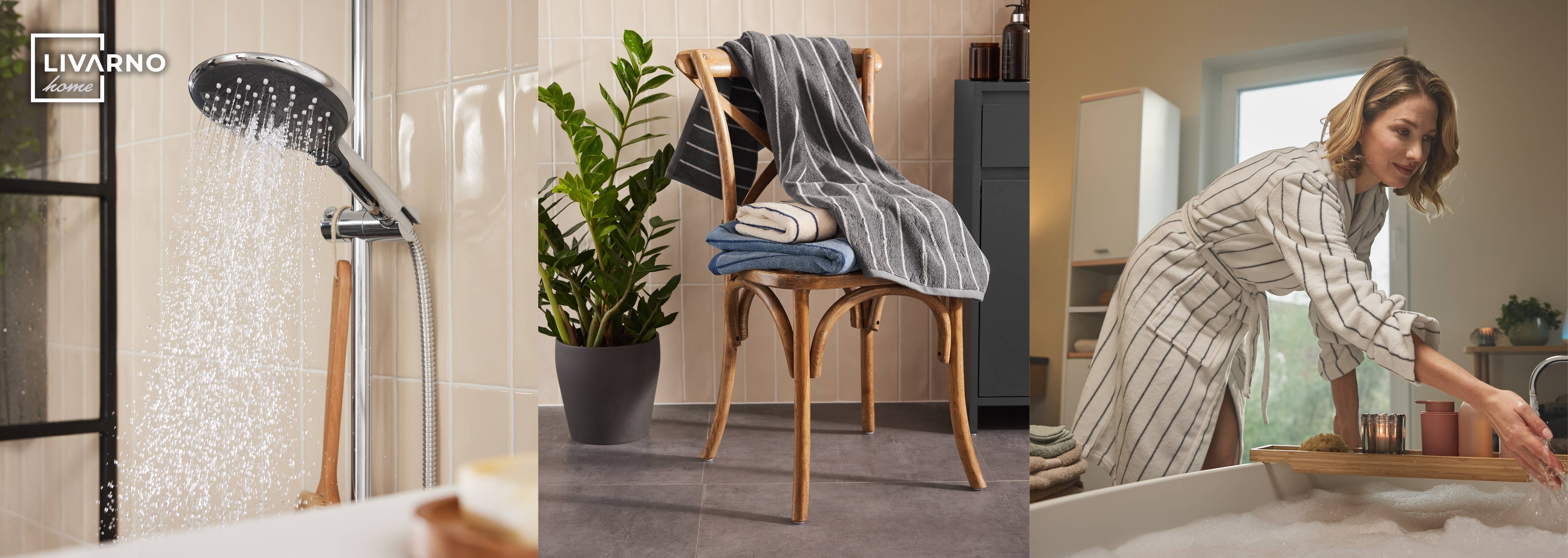 Kúpeľňový sortiment Livarno Home: sprchová hlavica, uteráky a relaxačný kúpeľ.
