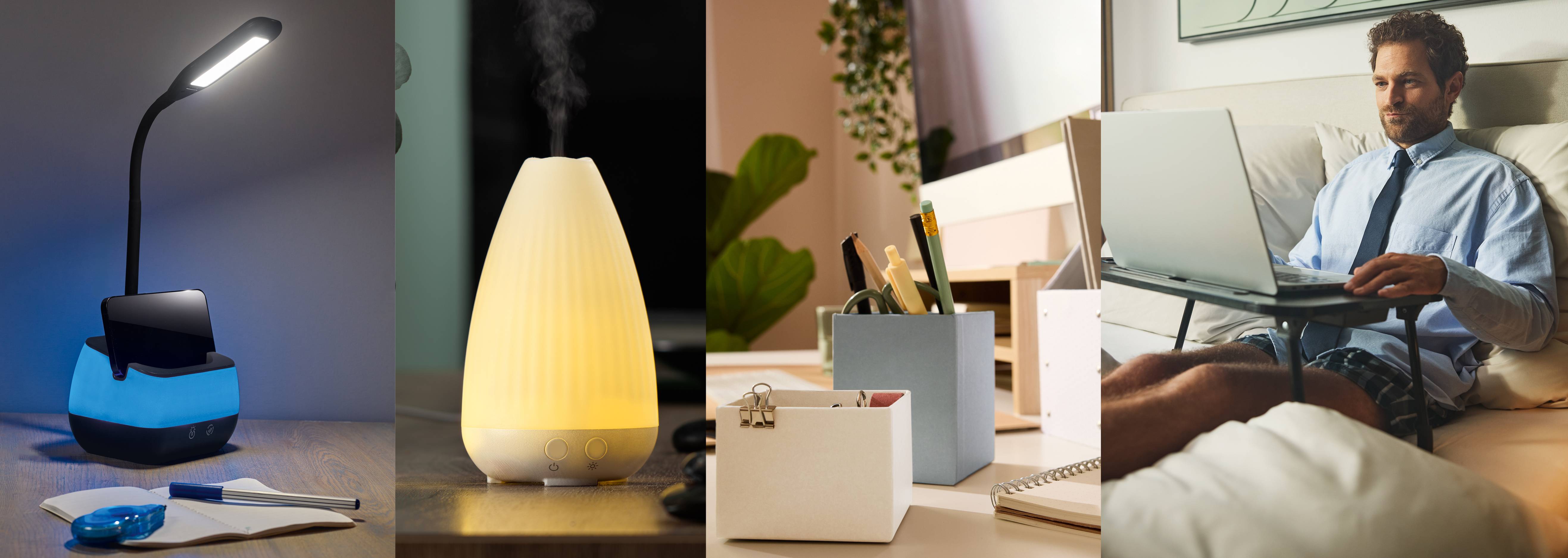 Štyri obrázky zobrazujúce rôzne produkty pre domácnosť a kanceláriu, vrátane lampy, difuzéra, organizérov na stôl a muža pracujúceho na notebooku v posteli.