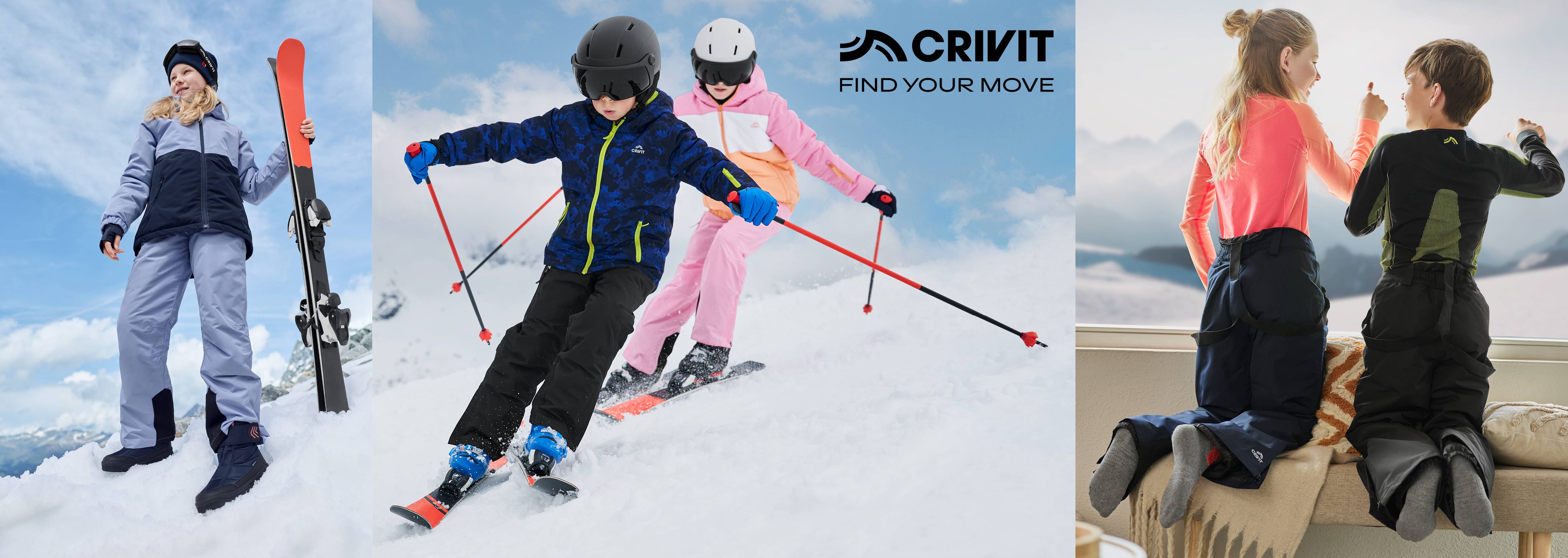 Deti v lyžiarskom oblečení Crivit, lyžujúce sa a oddychujúce v interiéri.